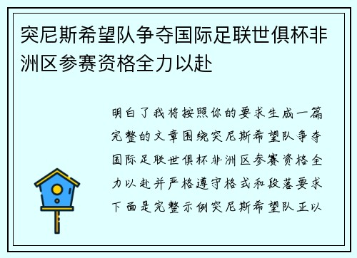 突尼斯希望队争夺国际足联世俱杯非洲区参赛资格全力以赴