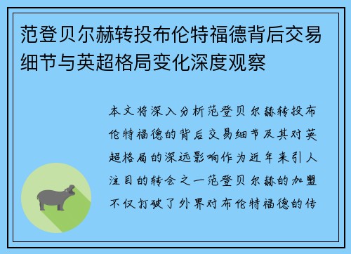范登贝尔赫转投布伦特福德背后交易细节与英超格局变化深度观察