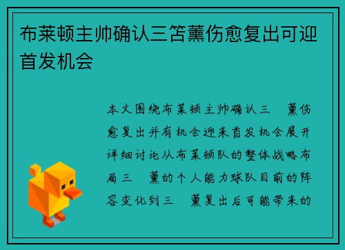 布莱顿主帅确认三笘薰伤愈复出可迎首发机会